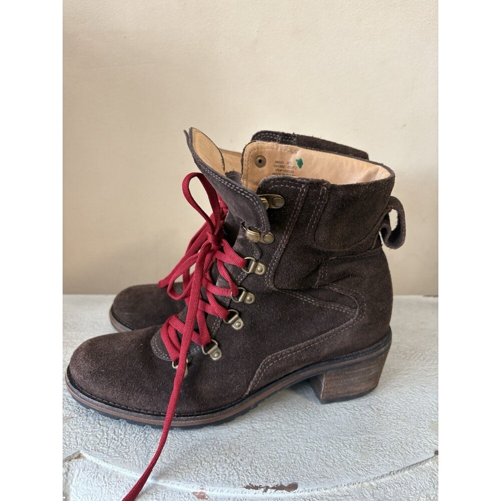 L.L. Bean Deerfield Alpine Lace-Up Mid Boots Heeled Brown Suede Red Laces 9